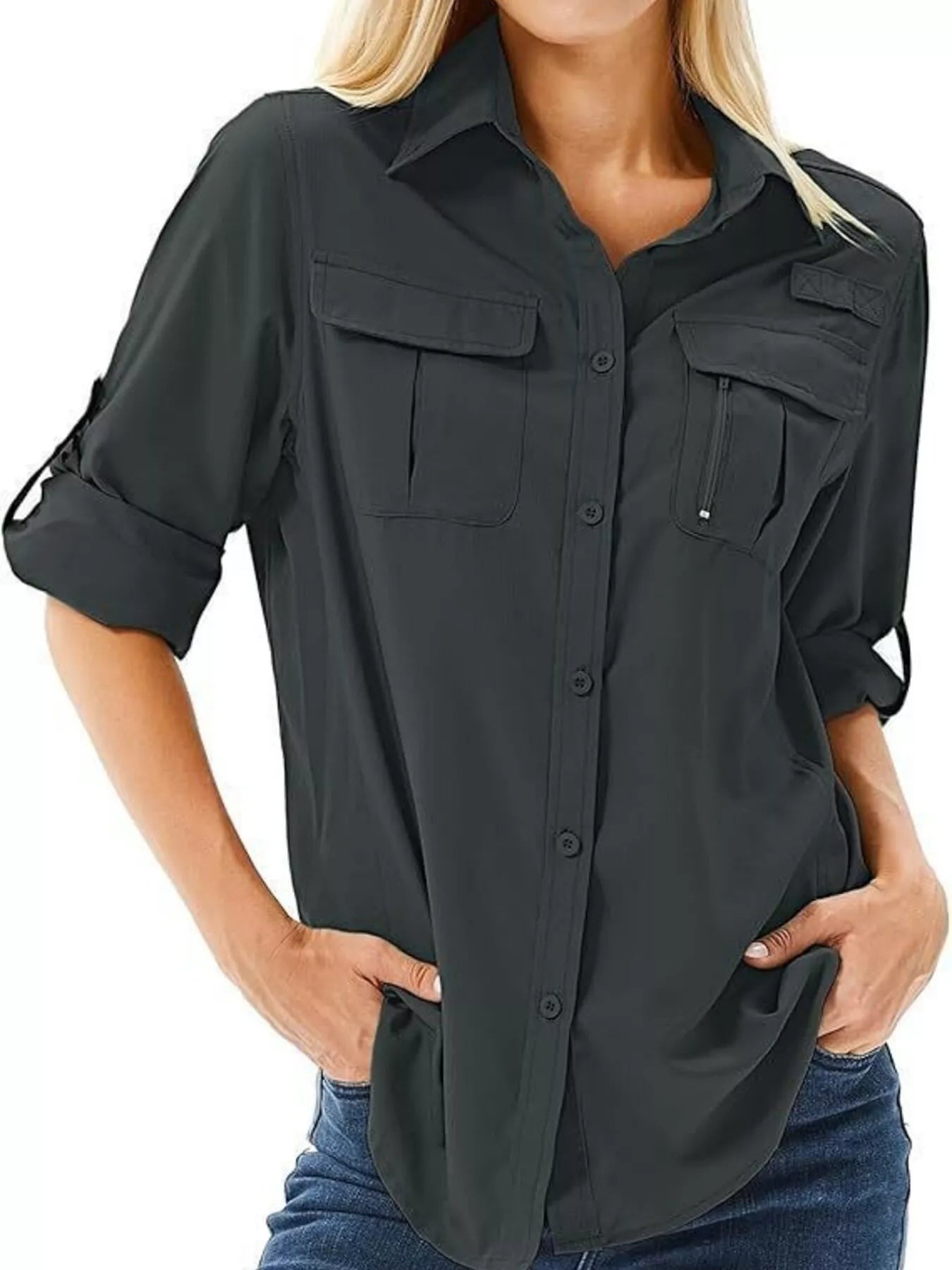 Full Size Roll-Up Sleeve Button Up Shirt Plus Size Black / XS