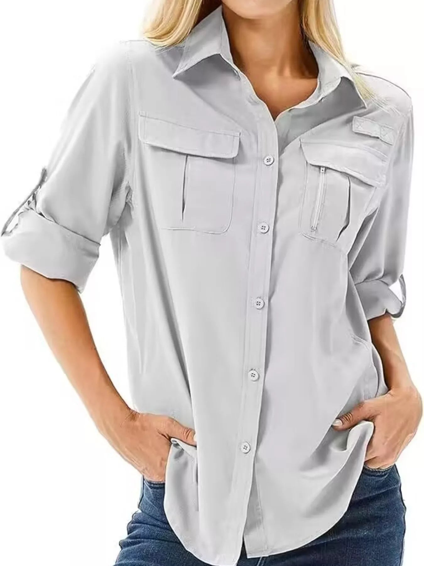 Full Size Roll-Up Sleeve Button Up Shirt Plus Size Light Gray / XS