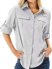 Full Size Roll-Up Sleeve Button Up Shirt Plus Size Light Gray / XS