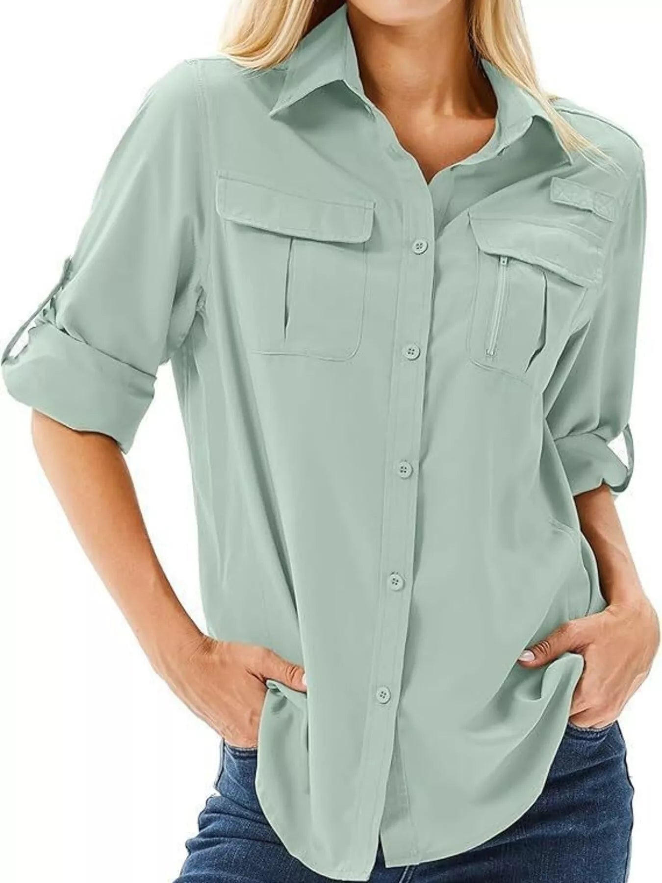 Full Size Roll-Up Sleeve Button Up Shirt Plus Size Light Green / XS