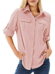 Full Size Roll-Up Sleeve Button Up Shirt Plus Size Pink / XS