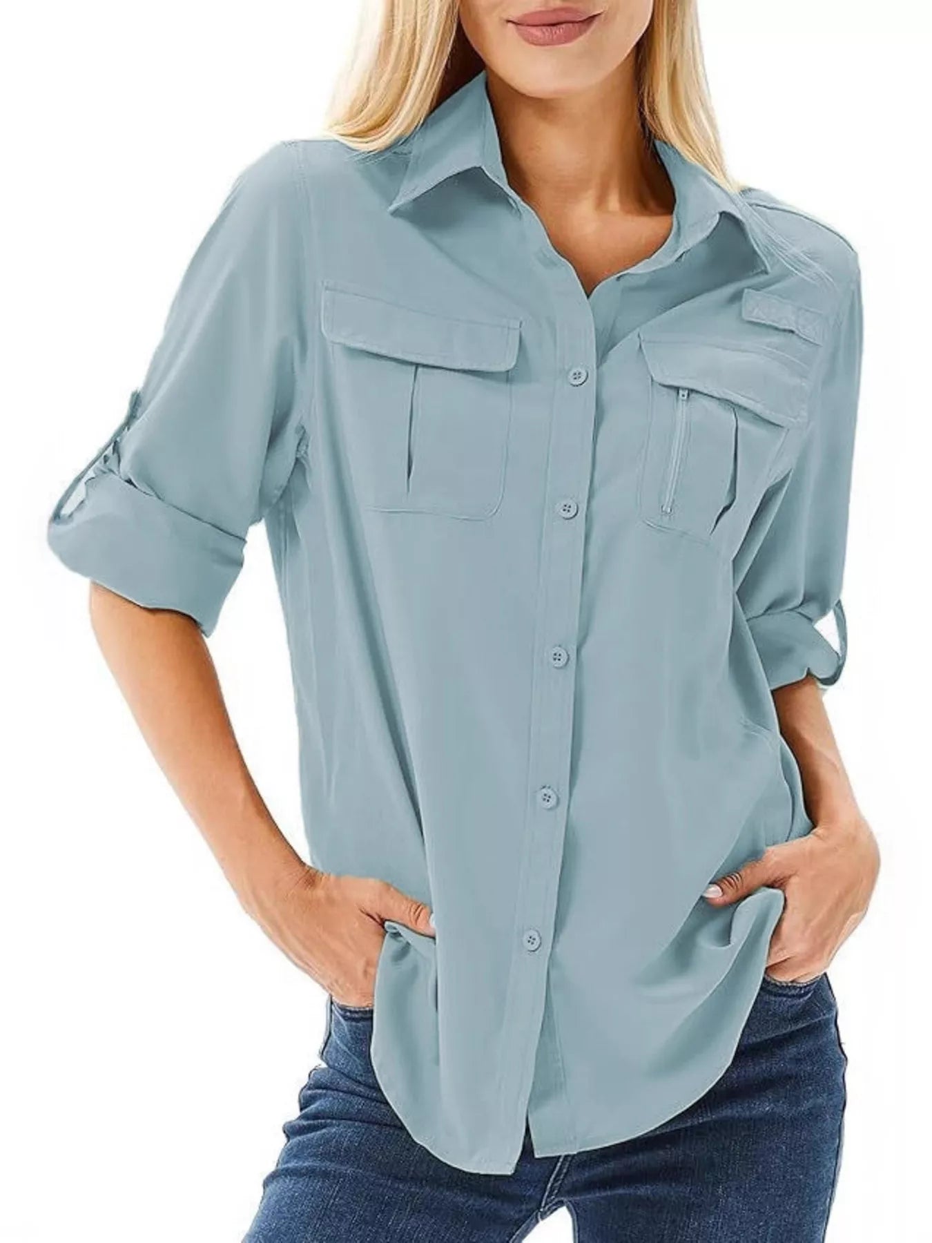 Full Size Roll-Up Sleeve Button Up Shirt Plus Size Sky Blue / XS