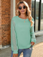 Full Size Round Neck Lace Long Sleeve T-Shirt Plus Size Gum Leaf / S