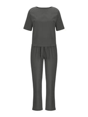Full Size Round Neck Short Sleeve Top and Pants Set Plus Size