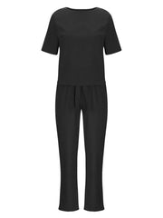 Full Size Round Neck Short Sleeve Top and Pants Set Plus Size