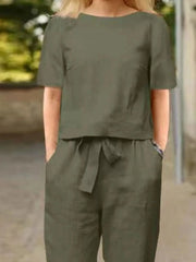 Full Size Round Neck Short Sleeve Top and Pants Set Plus Size