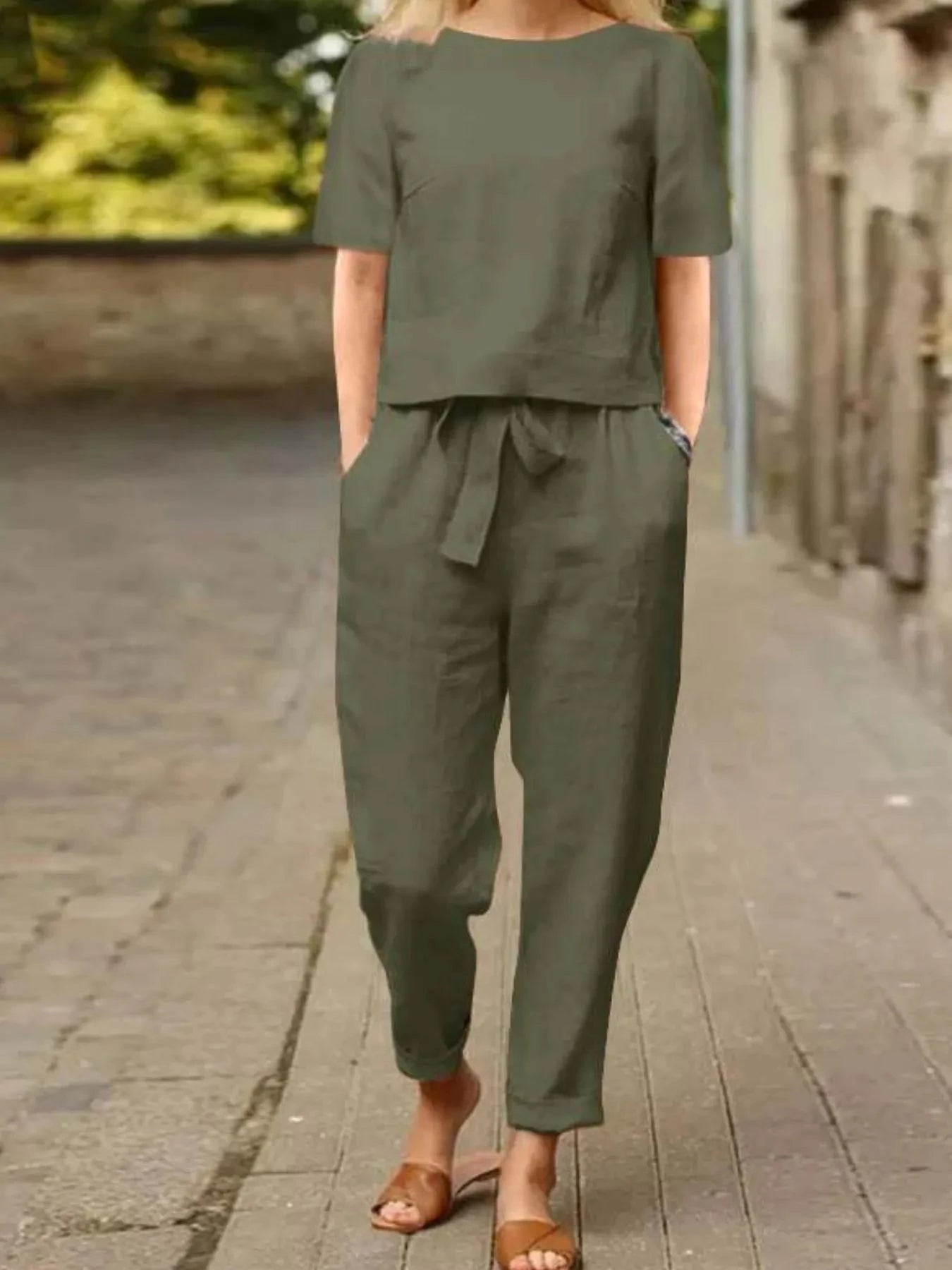 Full Size Round Neck Short Sleeve Top and Pants Set Plus Size Army Green / S