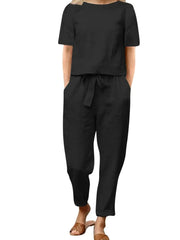 Full Size Round Neck Short Sleeve Top and Pants Set Plus Size Black / S