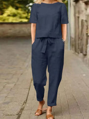 Full Size Round Neck Short Sleeve Top and Pants Set Plus Size Blue / S
