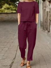 Full Size Round Neck Short Sleeve Top and Pants Set Plus Size Burgundy / S