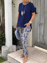 Full Size Round Neck Short Sleeve Top and Pants Set Plus Size Dark Blue / S