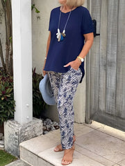 Full Size Round Neck Short Sleeve Top and Pants Set Plus Size Dark Blue / S