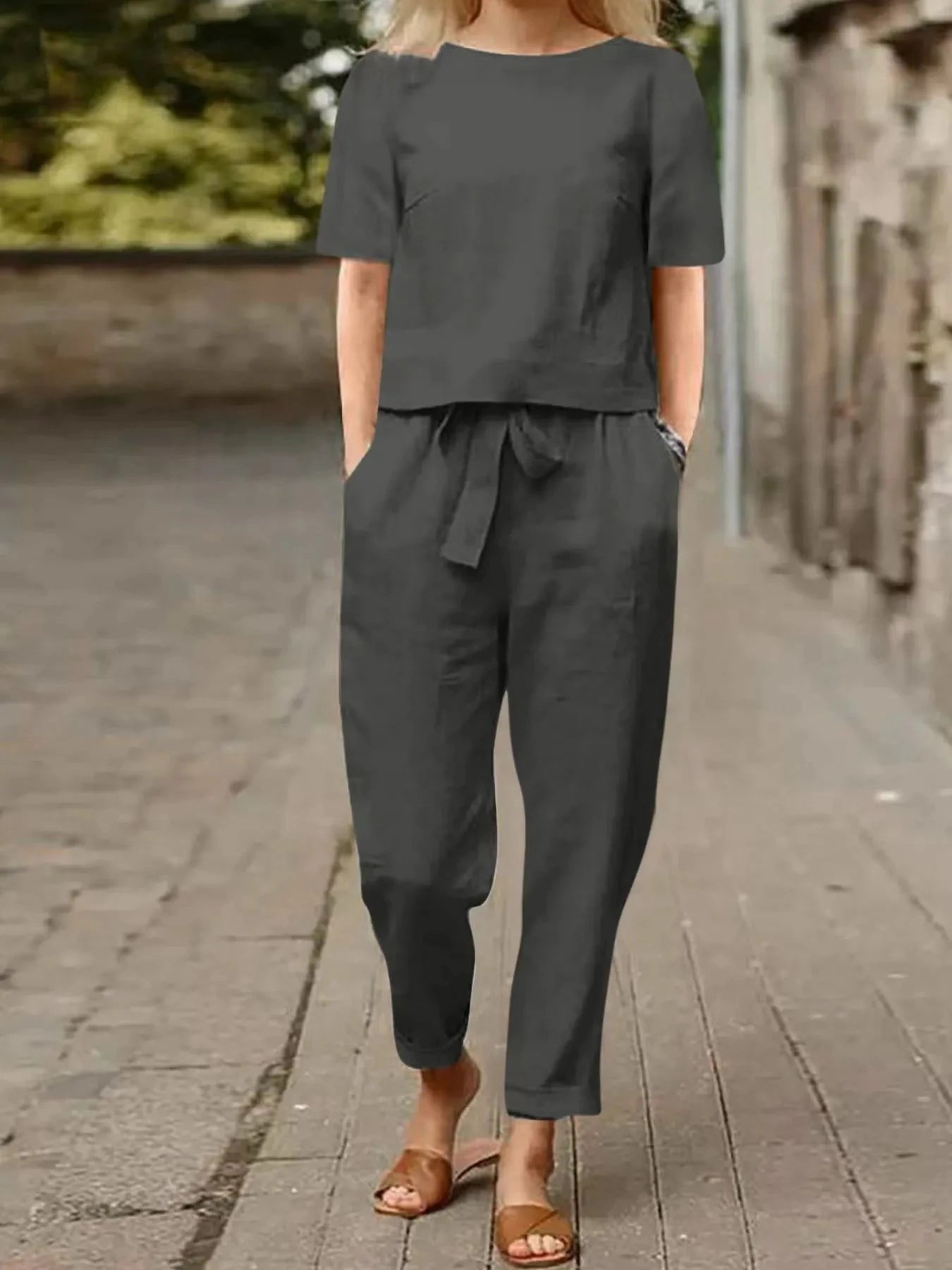 Full Size Round Neck Short Sleeve Top and Pants Set Plus Size Dark Gray / S