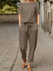 Full Size Round Neck Short Sleeve Top and Pants Set Plus Size Deep Khaki / S