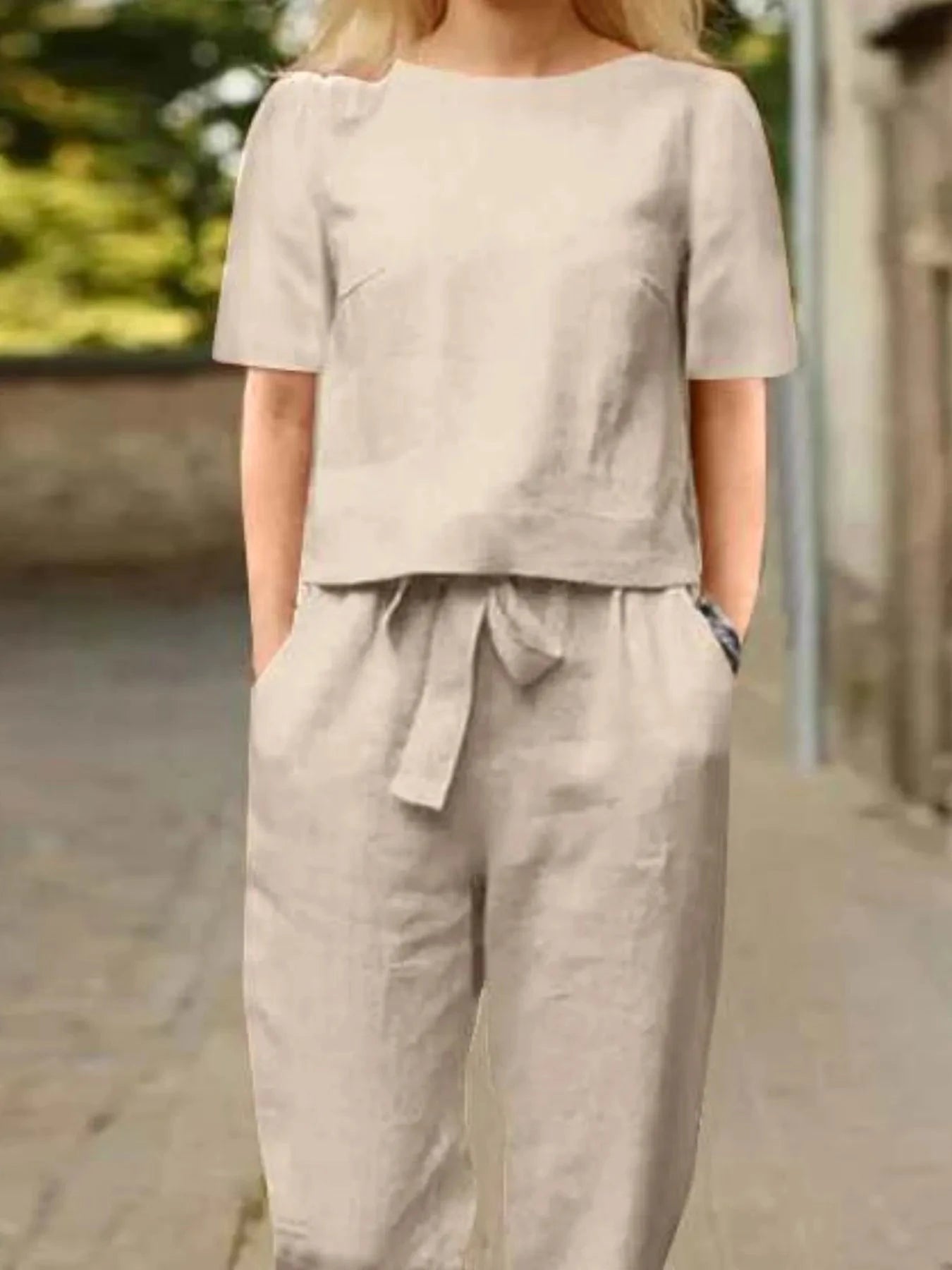 Full Size Round Neck Short Sleeve Top and Pants Set Plus Size Khaki / S