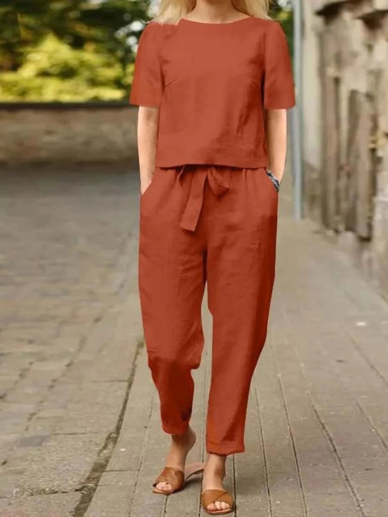 Full Size Round Neck Short Sleeve Top and Pants Set Plus Size Red / S