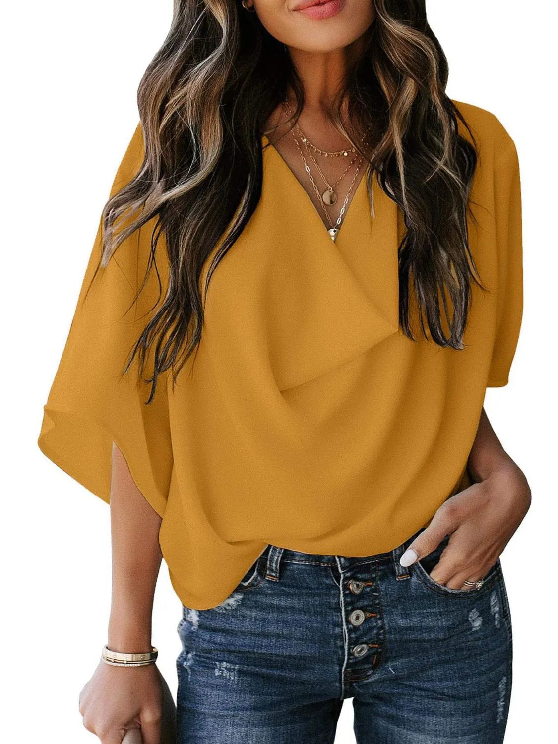 Full Size Ruched Three-Quarter Sleeve Blouse Plus Size Mustard / S