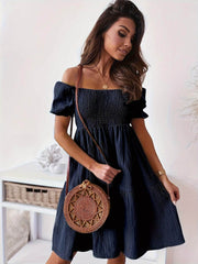Full Size Ruffled Off-Shoulder Short Sleeve Dress Dark Blue / S