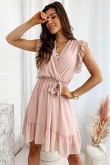Full Size Ruffled Surplice Cap Sleeve Dress Peach / S