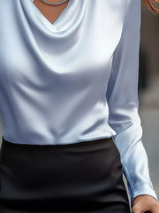 Full Size Satin Cowl Neck Long Sleeve Blouse Plus Size