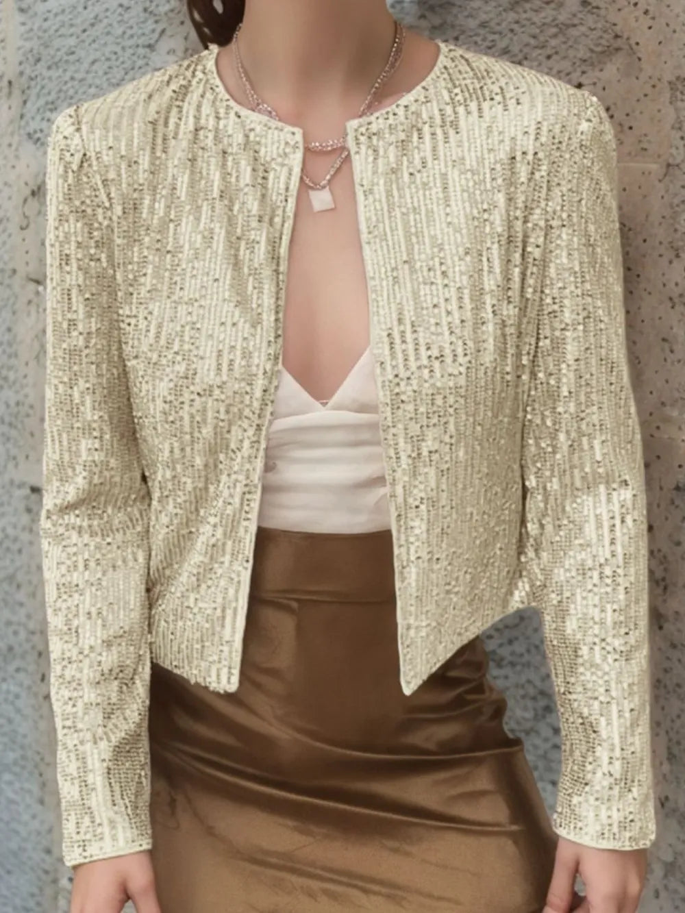 Full Size Sequin Open Front Cropped Jacket Pastel Yellow / S
