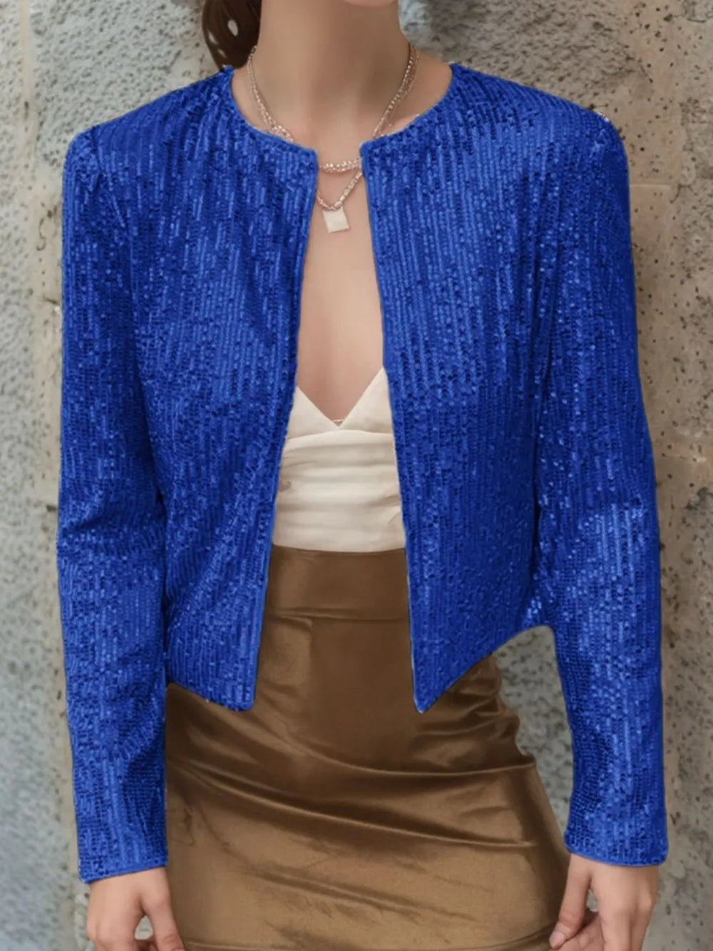 Full Size Sequin Open Front Cropped Jacket Royal Blue / S