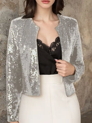 Full Size Sequin Open Front Cropped Jacket Silver / S