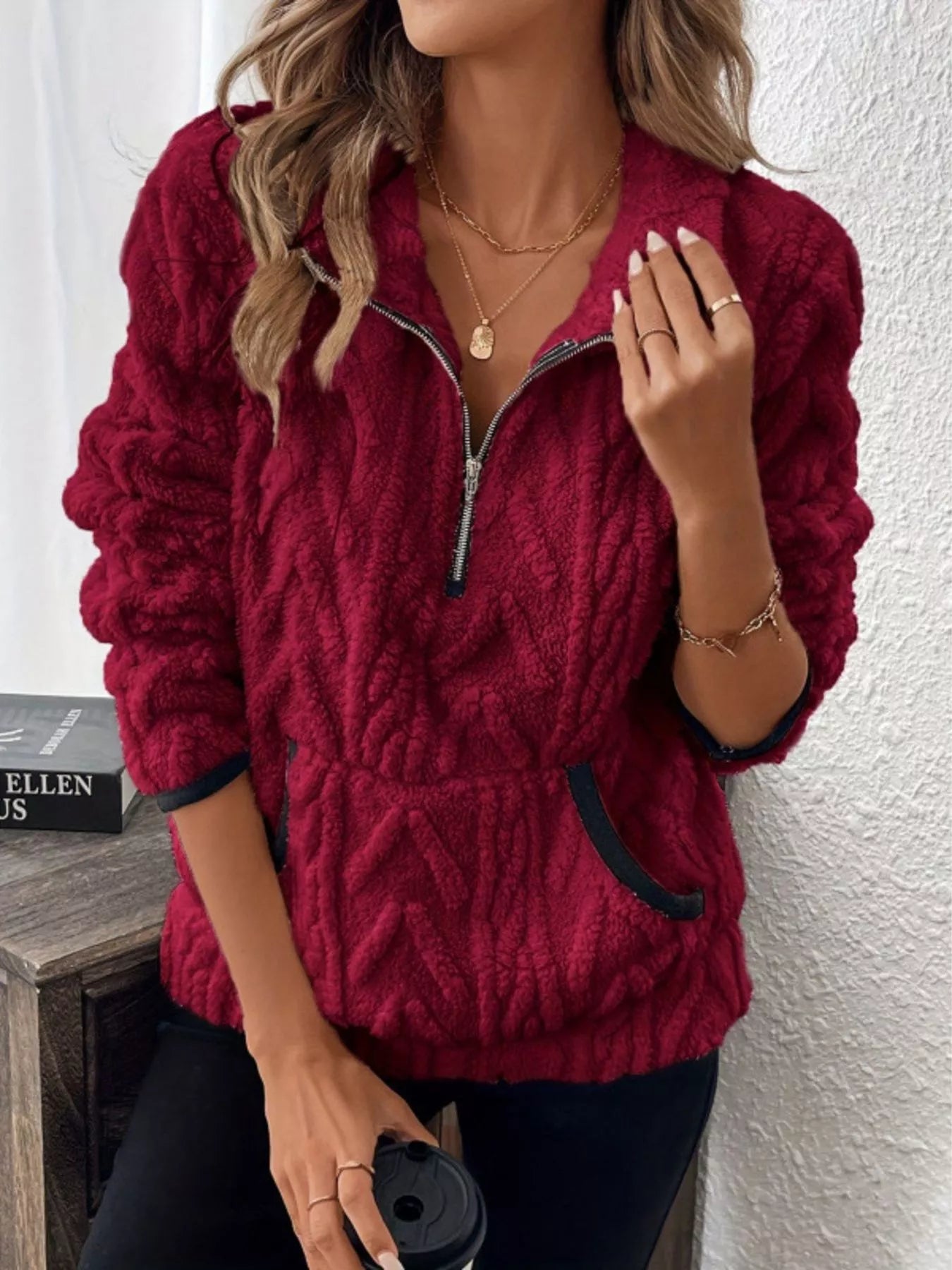 Full Size Sherpa Half Zip Sweatshirt Plus Size Burgundy / S
