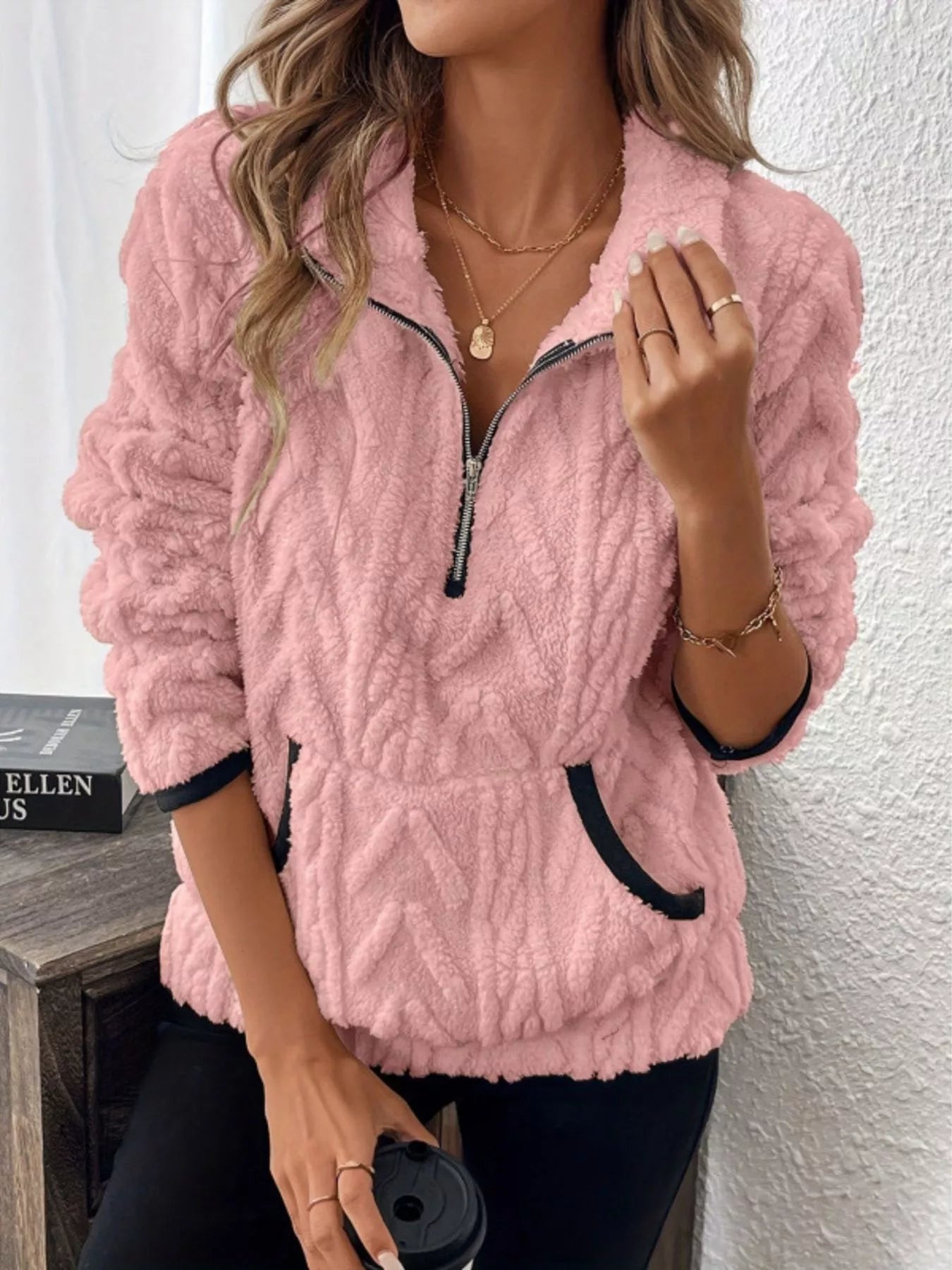 Full Size Sherpa Half Zip Sweatshirt Plus Size Pink / S