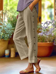 Full Size Side Decor Button Casual Wide Leg Pants Plus Size Khaki / S