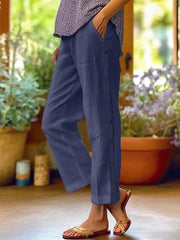 Full Size Side Decor Button Casual Wide Leg Pants Plus Size Navy Blue / S
