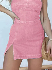 Full Size Slit Square Neck Denim Dress Plus Size