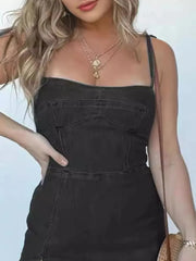 Full Size Slit Square Neck Denim Dress Plus Size