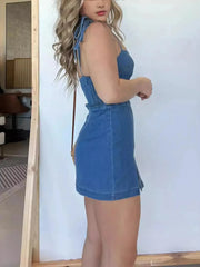 Full Size Slit Square Neck Denim Dress Plus Size