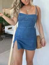 Full Size Slit Square Neck Denim Dress Plus Size Blue / S