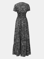 Full Size Smocked Printed V-Neck Short Sleeve Dress Dark Gray / S