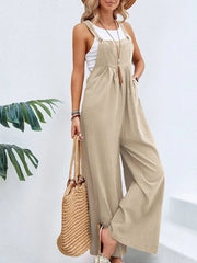 Full Size Square Neck Wide Strap Overalls Khaki / S