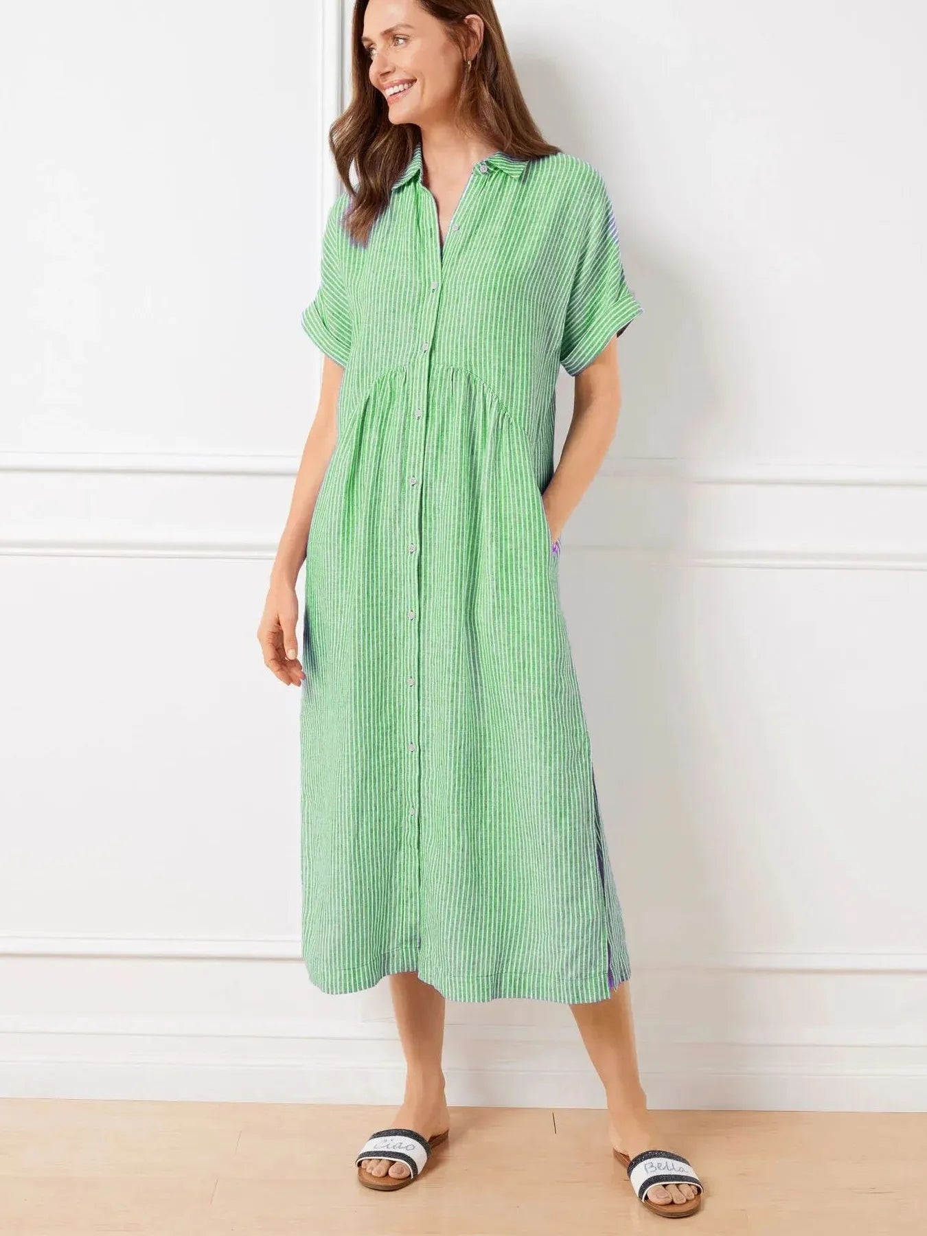 Full Size Striped Button-Front Midi Dress Plus Size