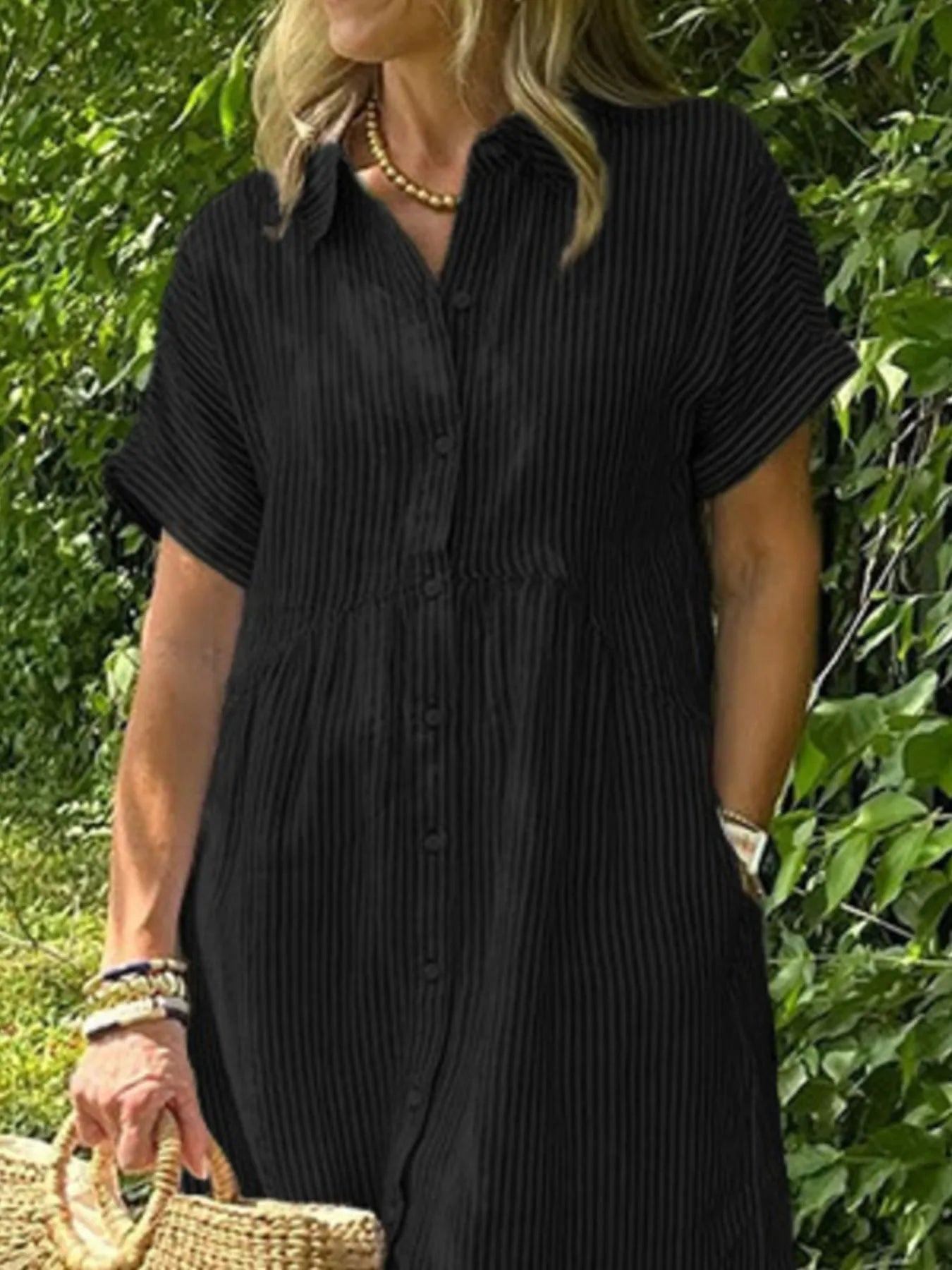 Full Size Striped Button-Front Midi Dress Plus Size