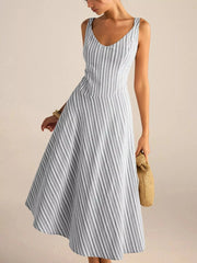 Full Size Striped Sleeveless Midi Dress Plus Size Dark Gray / S