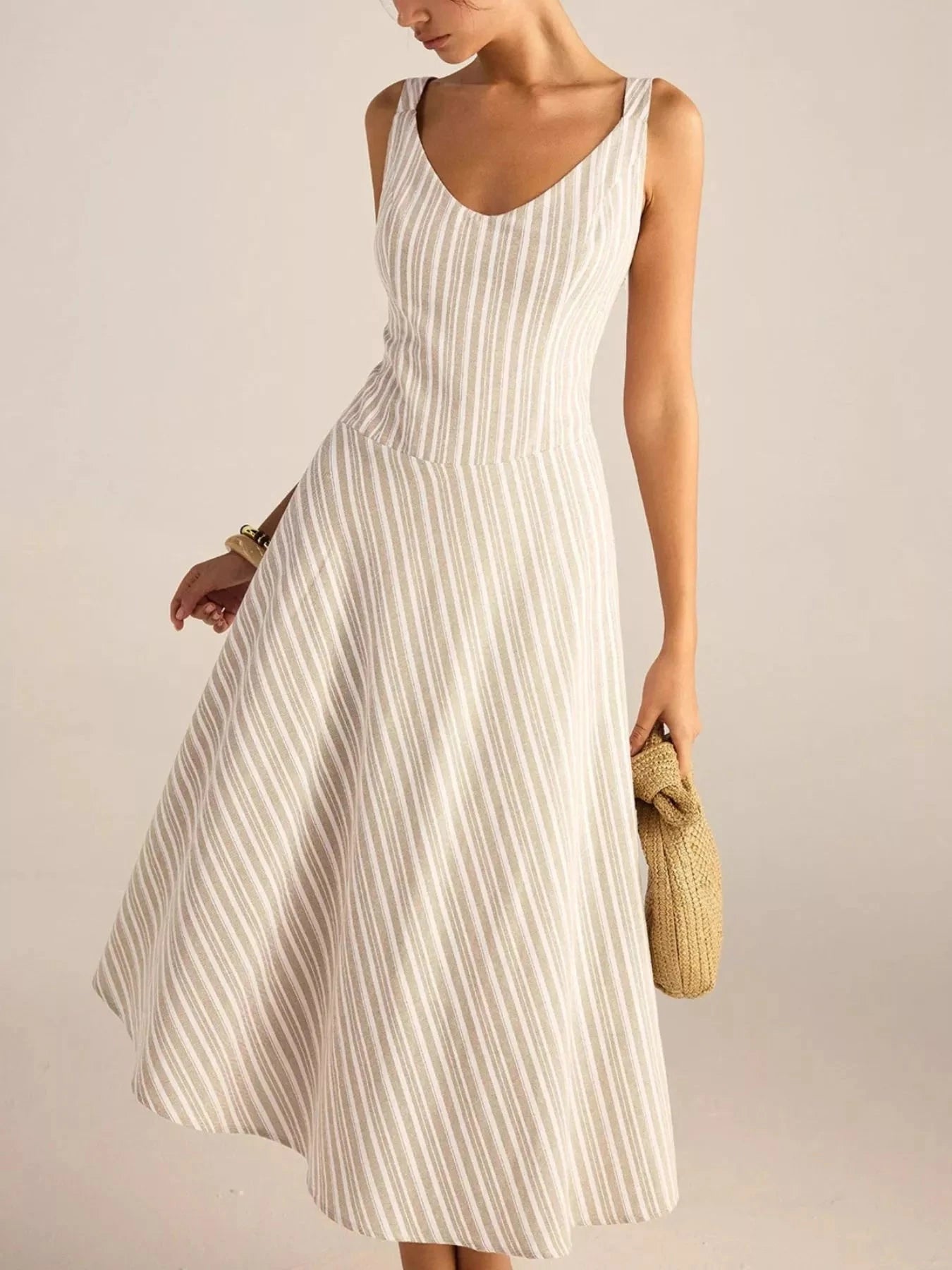Full Size Striped Sleeveless Midi Dress Plus Size Ivory / S