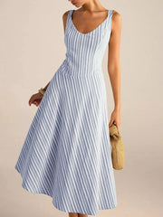 Full Size Striped Sleeveless Midi Dress Plus Size Light Blue / S
