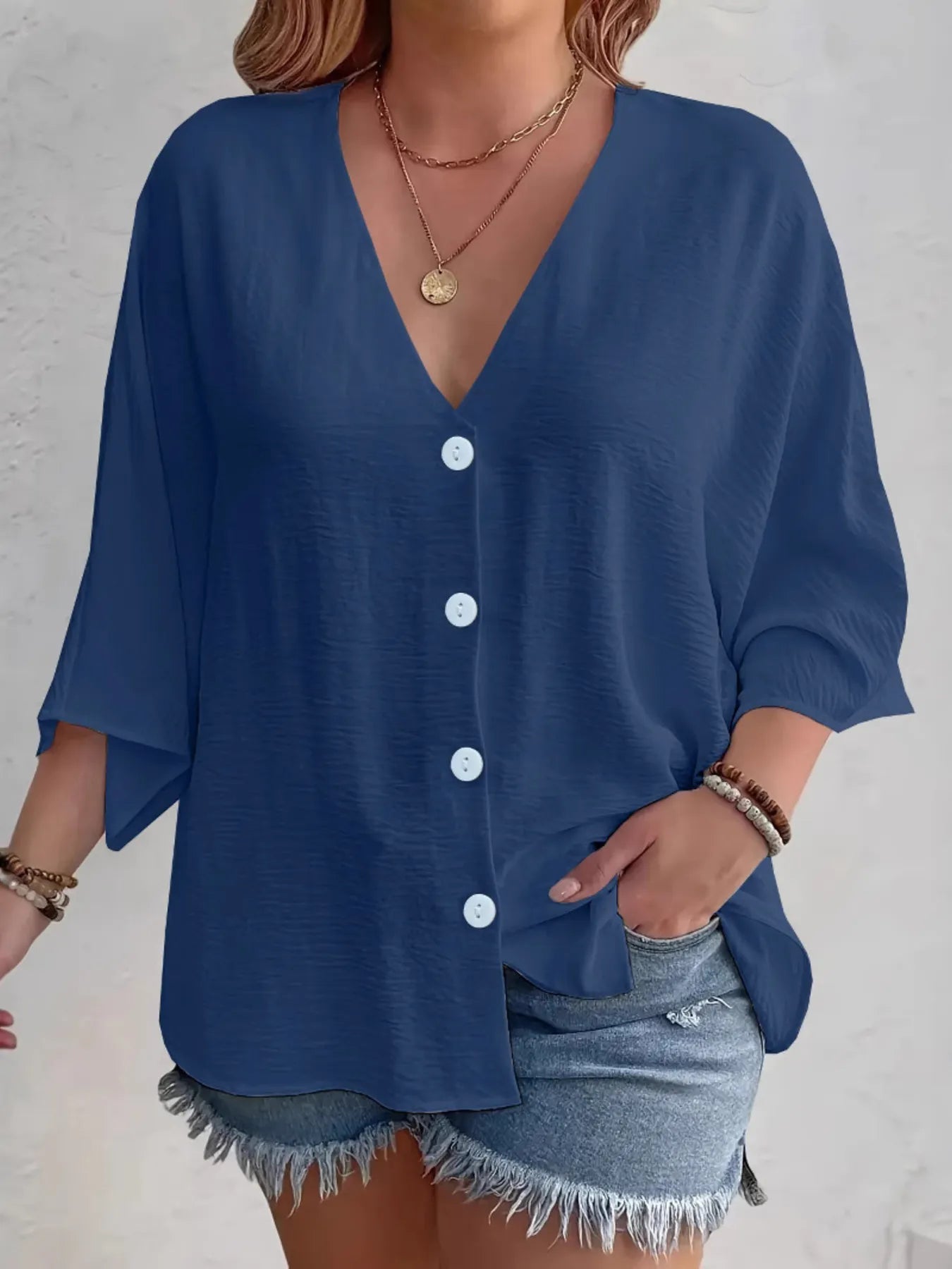 Full Size V-Neck Button Down Shirt Plus Size