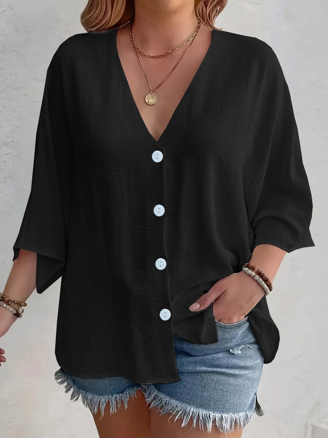 Full Size V-Neck Button Down Shirt Plus Size Black / S