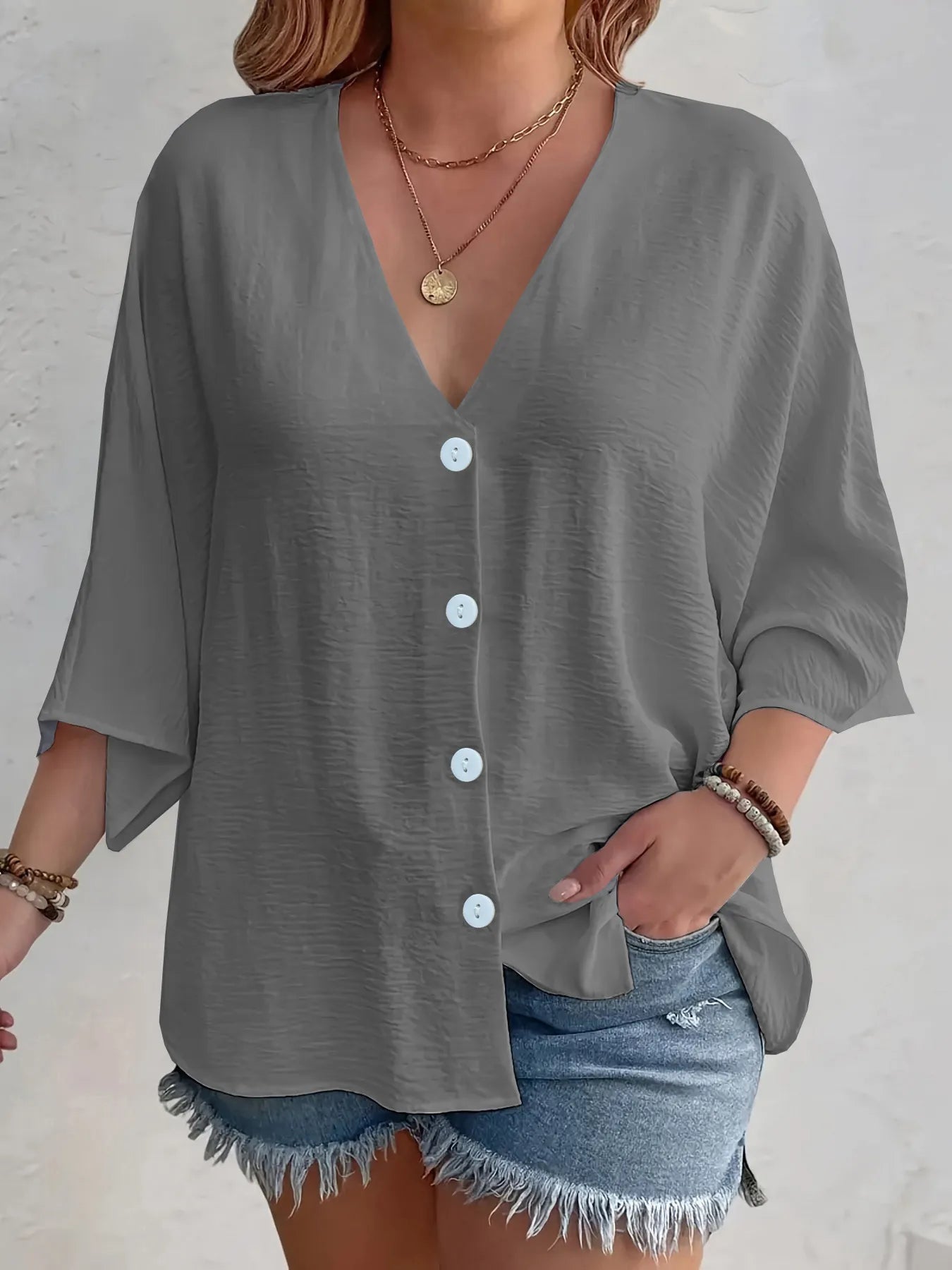 Full Size V-Neck Button Down Shirt Plus Size Gray / S