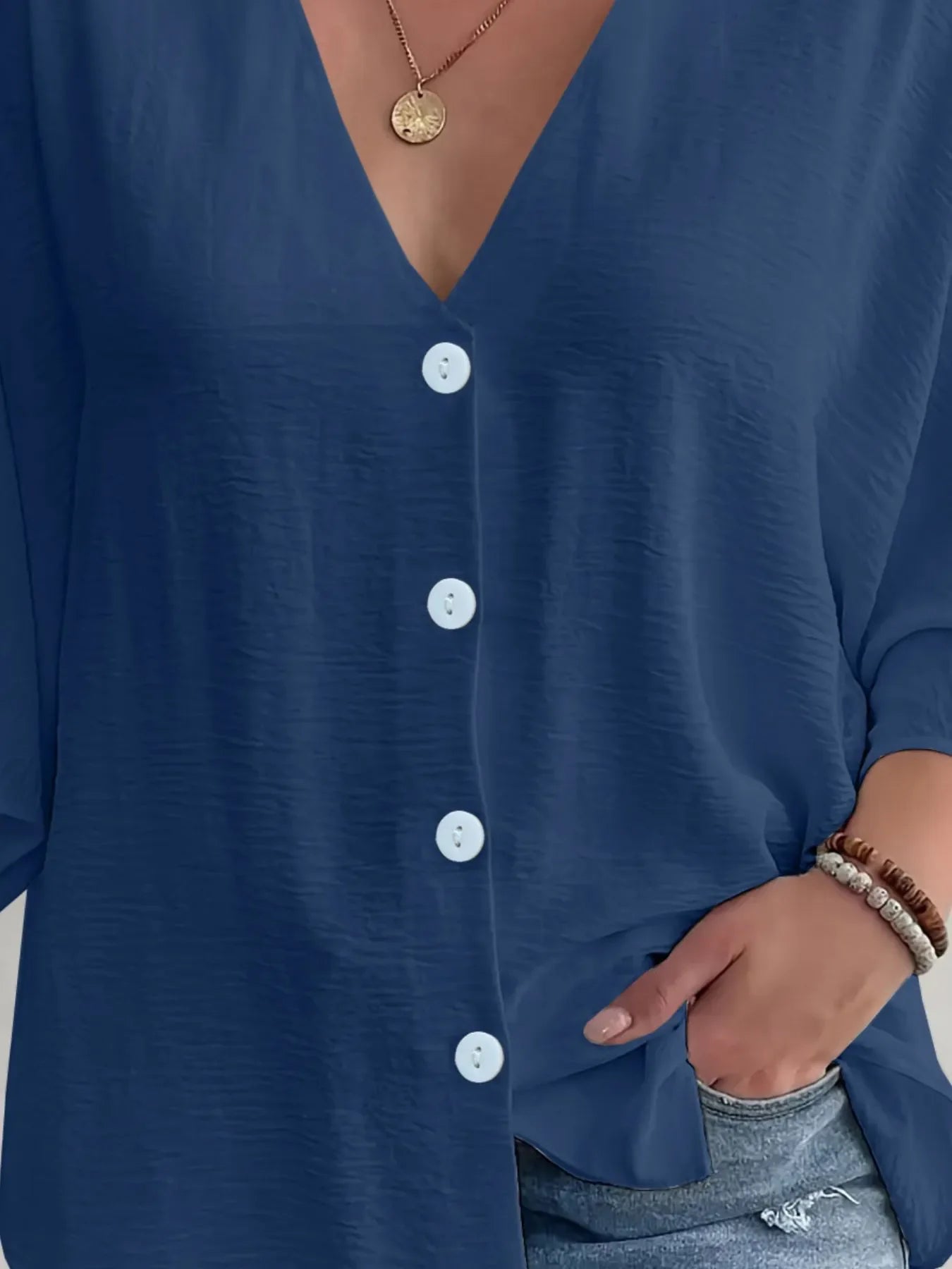Full Size V-Neck Button Down Shirt Plus Size Navy / S
