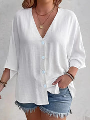 Full Size V-Neck Button Down Shirt Plus Size White / S