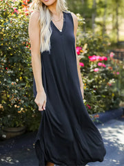 Full Size V-Neck Midi Tank Dress Dark Blue / S