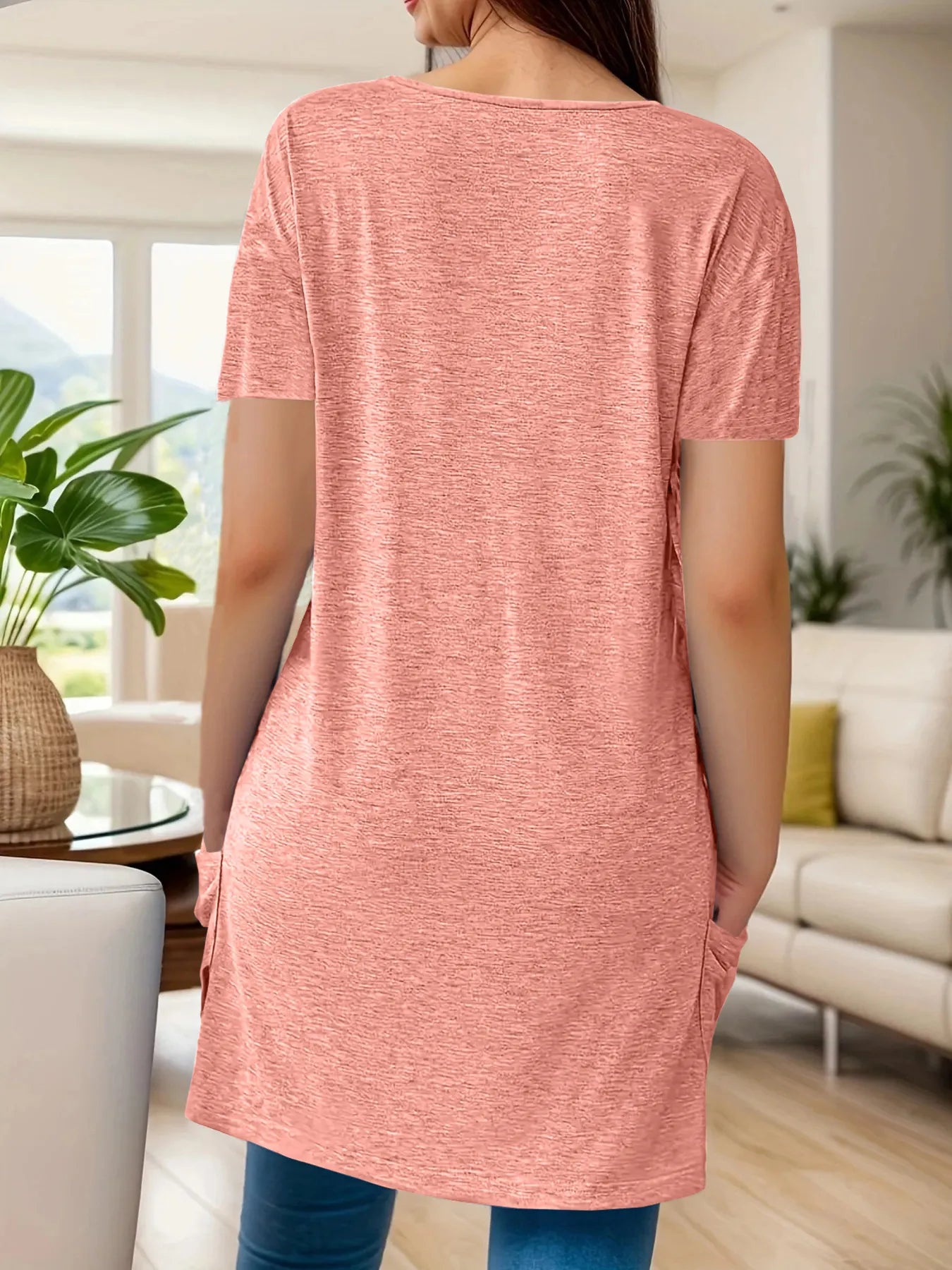 Full Size V-Neck Pocket Front Asymmetric Hem T-Shirt Plus Size