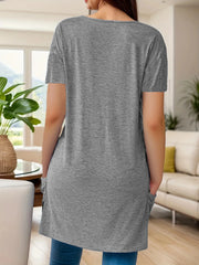 Full Size V-Neck Pocket Front Asymmetric Hem T-Shirt Plus Size
